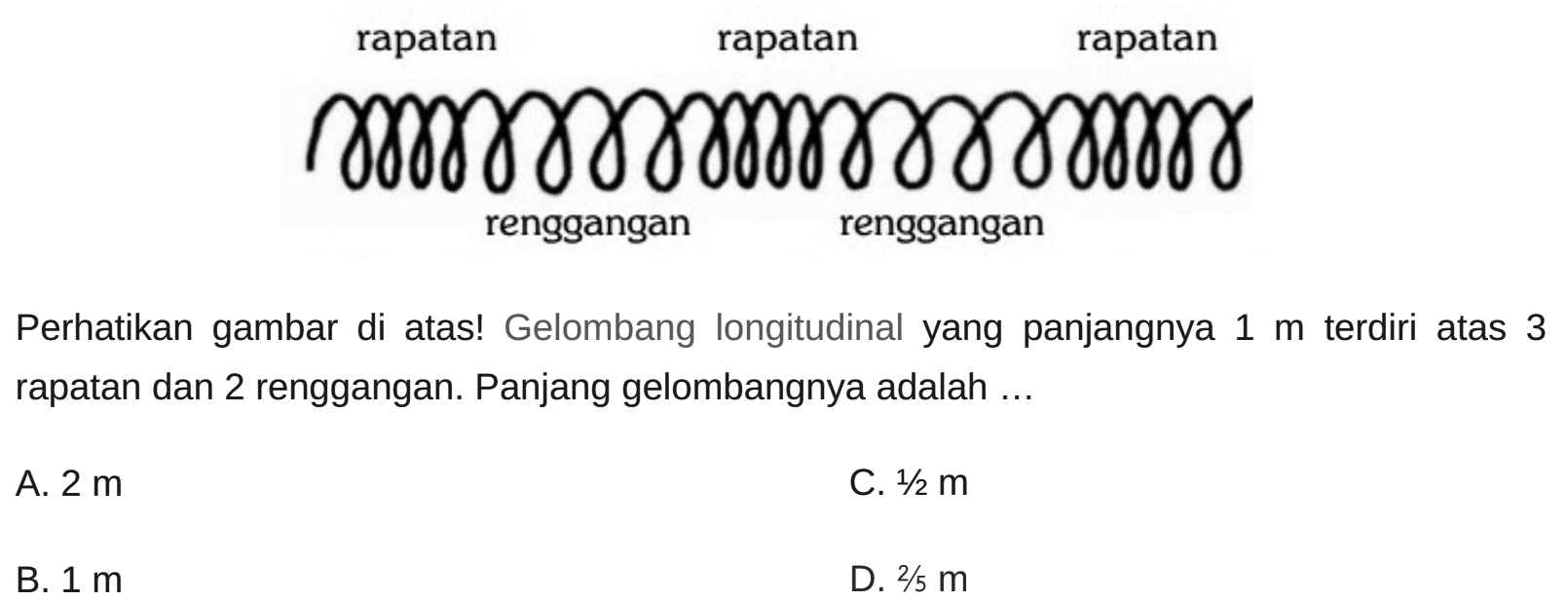 rapatan rapatan rapatan 
renggangan renggangan
Perhatikan gambar di atas! Gelombang longitudinal yang panjangnya  1 m  terdiri atas 3 rapatan dan 2 renggangan. Panjang gelombangnya adalah ...
A.  2 m 
C.  1 / 2 m 
B.  1 m 
D.  2 / 5 m 