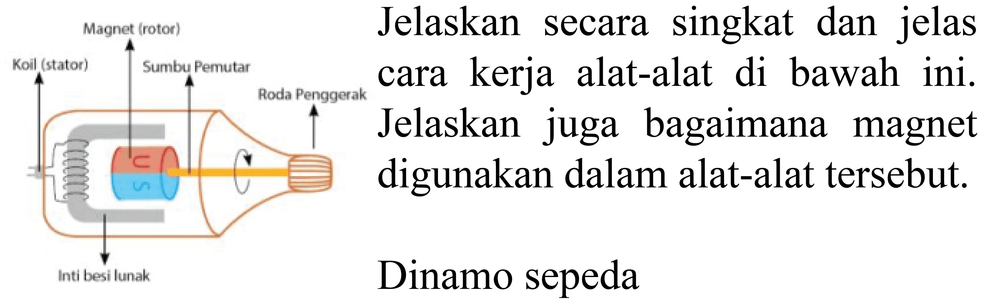 Jelaskan secara singkat dan jelas cara kerja alat-alat di bawah ini. Jelaskan juga bagaimana magnet digunakan dalam alat-alat tersebut. 
Dinamo sepeda 