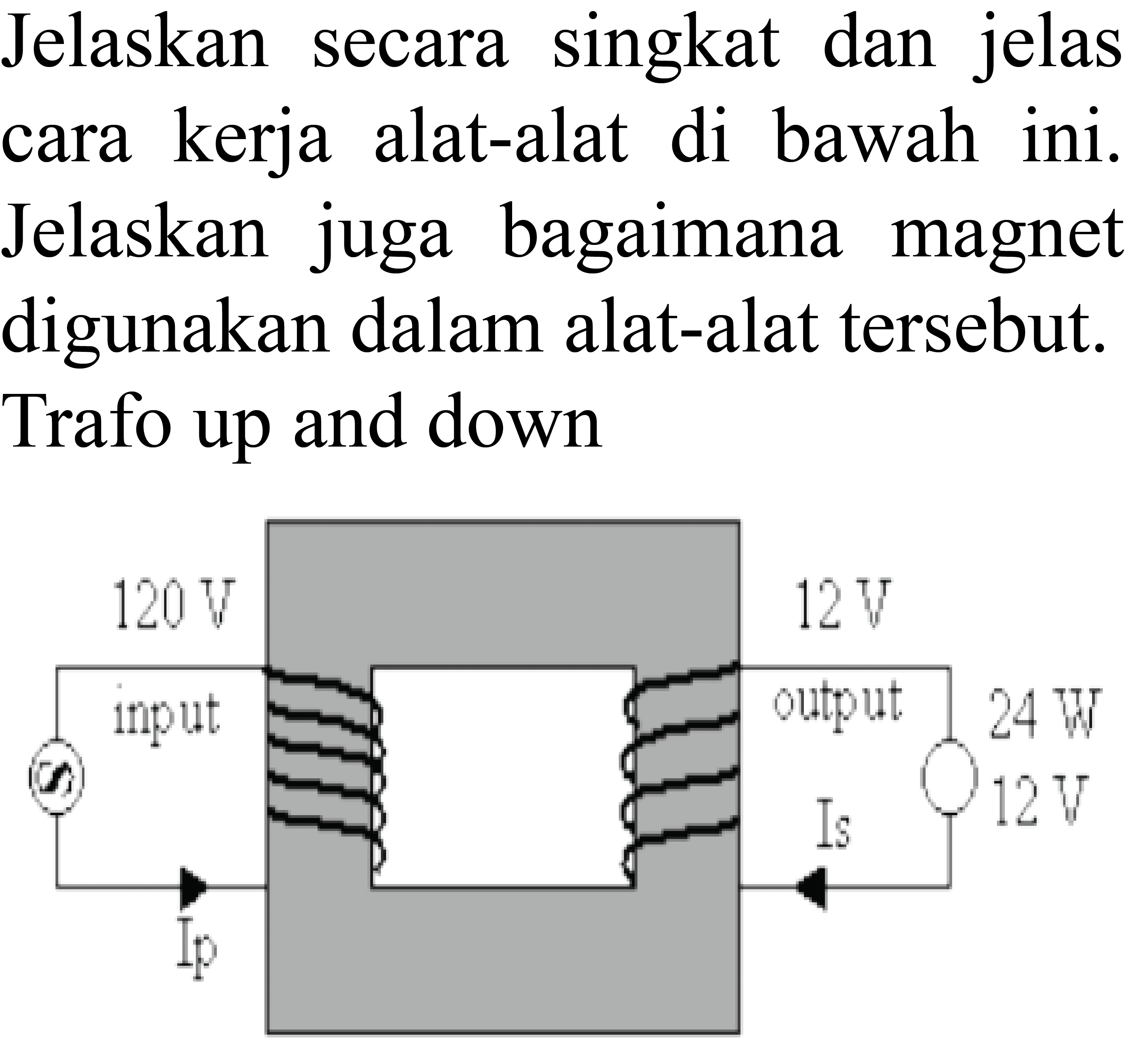 Jelaskan secara singkat dan jelas cara kerja alat-alat di bawah ini. Jelaskan juga bagaimana magnet digunakan dalam alat-alat tersebut. Trafo up and down