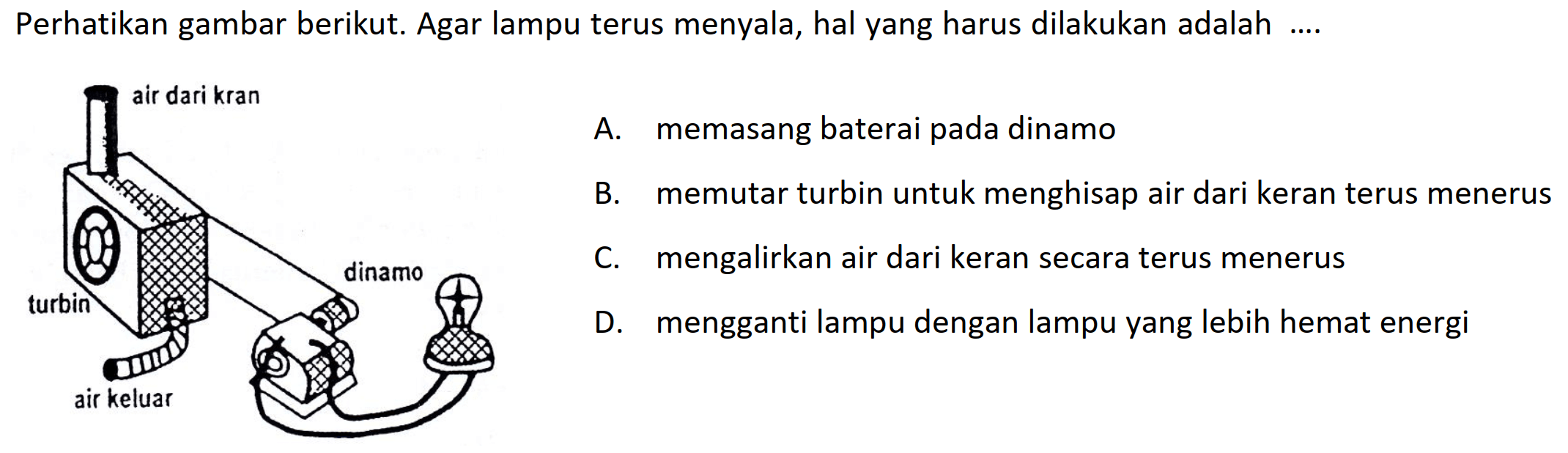 Perhatikan gambar berikut. Agar lampu terus menyala, hal yang harus dilakukan adalah ....