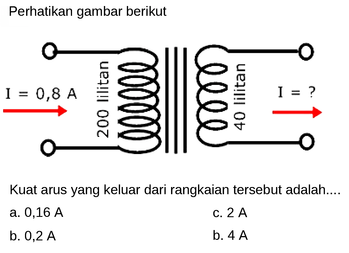 Perhatikan gambar berikut
Kuat arus yang keluar dari rangkaian tersebut adalah....
a. 0,16  A 
C.  2 ~A 
b.  0,2 ~A 
b.  4 ~A 