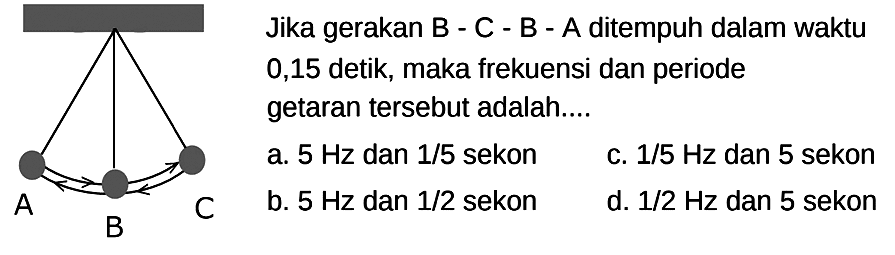 { Jika gerakan ) B-C-B-A  { ditempuh dalam waktu )  0,15  { detik, maka frekuensi dan periode )   { getaran tersebut adalah.... )   { a. ) 5 Hz  { dan ) 1 / 5  { sekon )   { c. ) 1 / 5 Hz  { dan ) 5  { sekon )   { b. ) 5 Hz  { dan ) 1 / 2  { sekon )   { d. ) 1 / 2 Hz  { dan ) 5  { sekon )