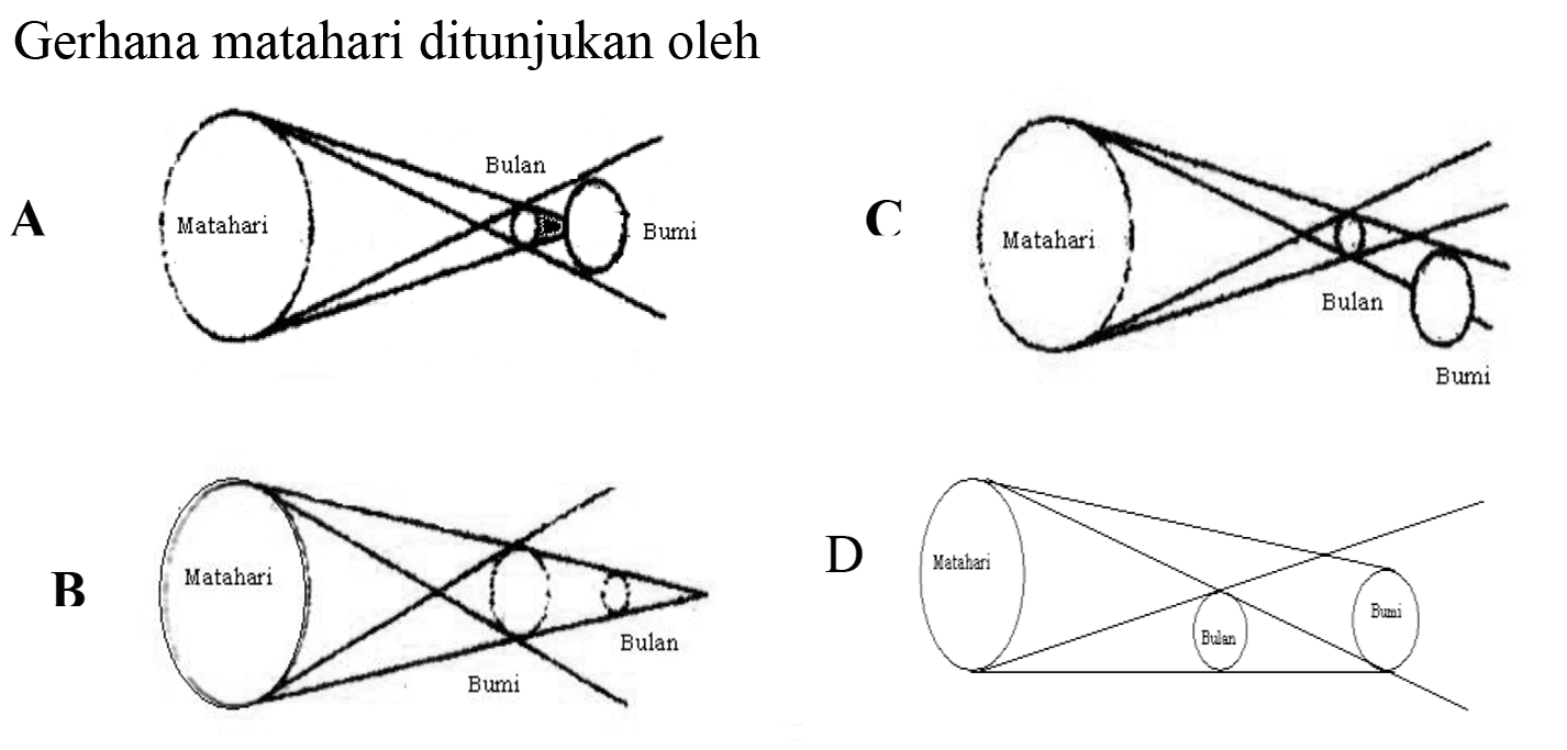 Gerhana matahari ditunjukan oleh
A Matahari Bulan Bumi
C Matahari Bulan Bumi 
B Matahari Bumi Bulan
D Matahari Bulan Bumi