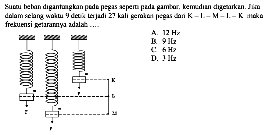 Suatu beban digantungkan pada pegas seperti pada gambar, kemudian digetarkan. Jika dalam selang waktu 9 detik terjadi 27 kali gerakan pegas dari  K-L-M-L-K  maka frekuensi getarannya adalah ....
A.  12 Hz 
B.  9 Hz 
C.  6 Hz 
D.  3 Hz 