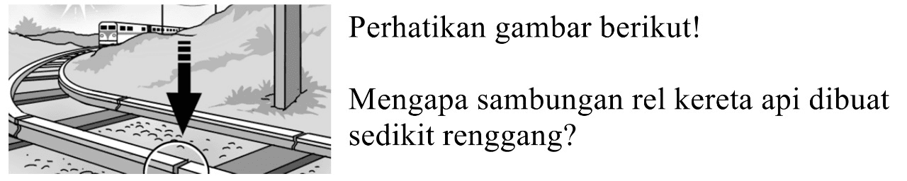 Perhatikan gambar berikut!
Mengapa sambungan rel kereta api dibuat sedikit renggang?