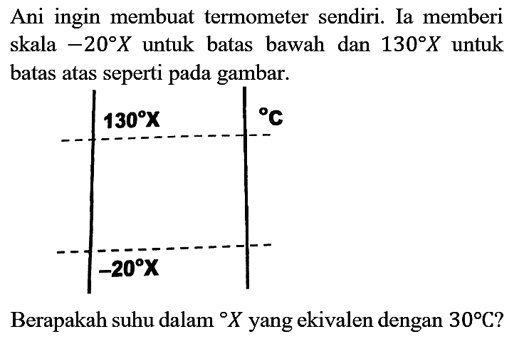 Ani ingin membuat termometer sendiri. Ia memberi skala  -20 X  untuk batas bawah dan  130 X  untuk batas atas seperti pada gambar.

Berapakah suhu dalam  { ) X  yang ekivalen dengan  30 C  ?