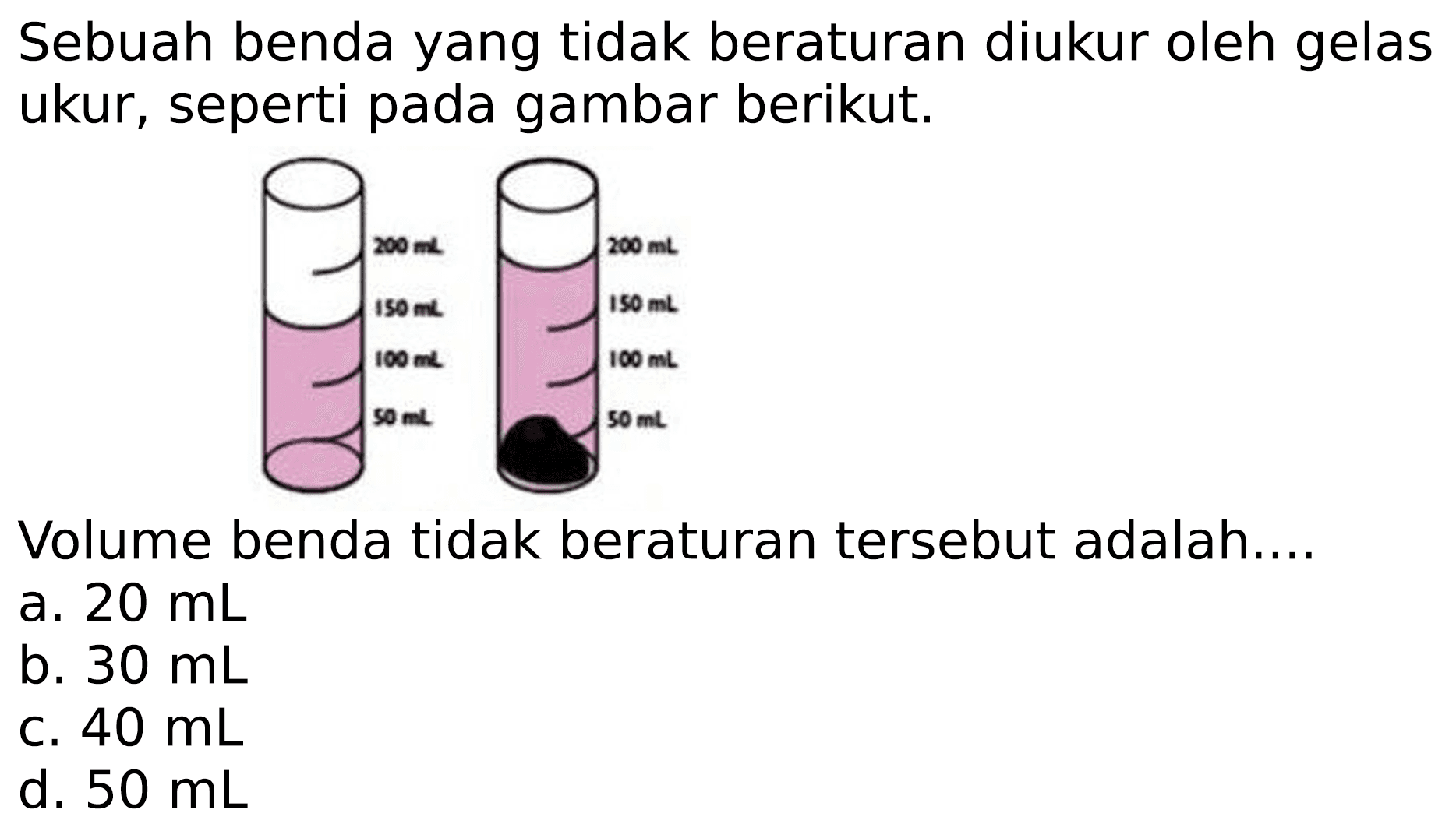 Sebuah benda yang tidak beraturan diukur oleh gelas ukur, seperti pada gambar berikut.
Volume benda tidak beraturan tersebut adalah....
a.  20 ~mL 
b.  30 ~mL 
c.  40 ~mL 
d.  50 ~mL 