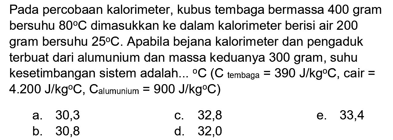 Pada percobaan kalorimeter, kubus tembaga bermassa 400 gram bersuhu  80 C  dimasukkan ke dalam kalorimeter berisi air 200 gram bersuhu  25 C . Apabila bejana kalorimeter dan pengaduk terbuat dari alumunium dan massa keduanya 300 gram, suhu kesetimbangan sistem adalah...  { ) C(C_( {tembaga ))=390 J / kg C. , cair  =   4.200 J / kg C, C_( {alumunium ))=900 J / kg C  )