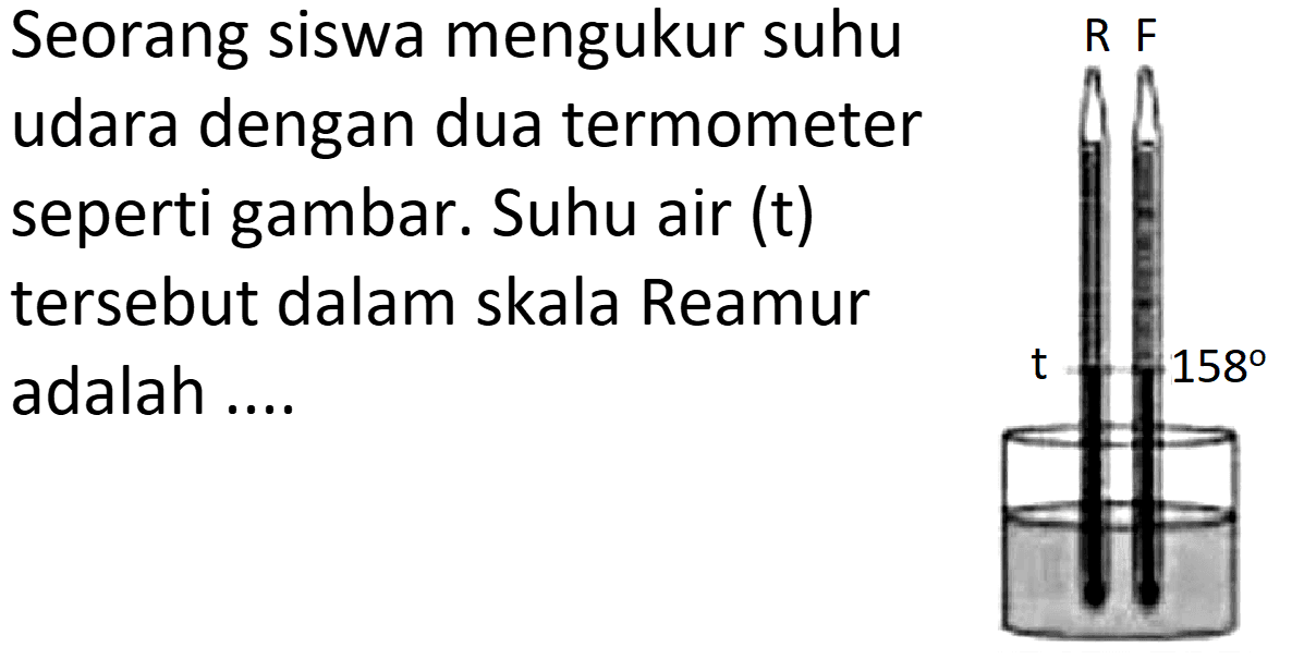 Seorang siswa mengukur suhu udara dengan dua termometer seperti gambar. Suhu air (t) tersebut dalam skala Reamur adalah ....