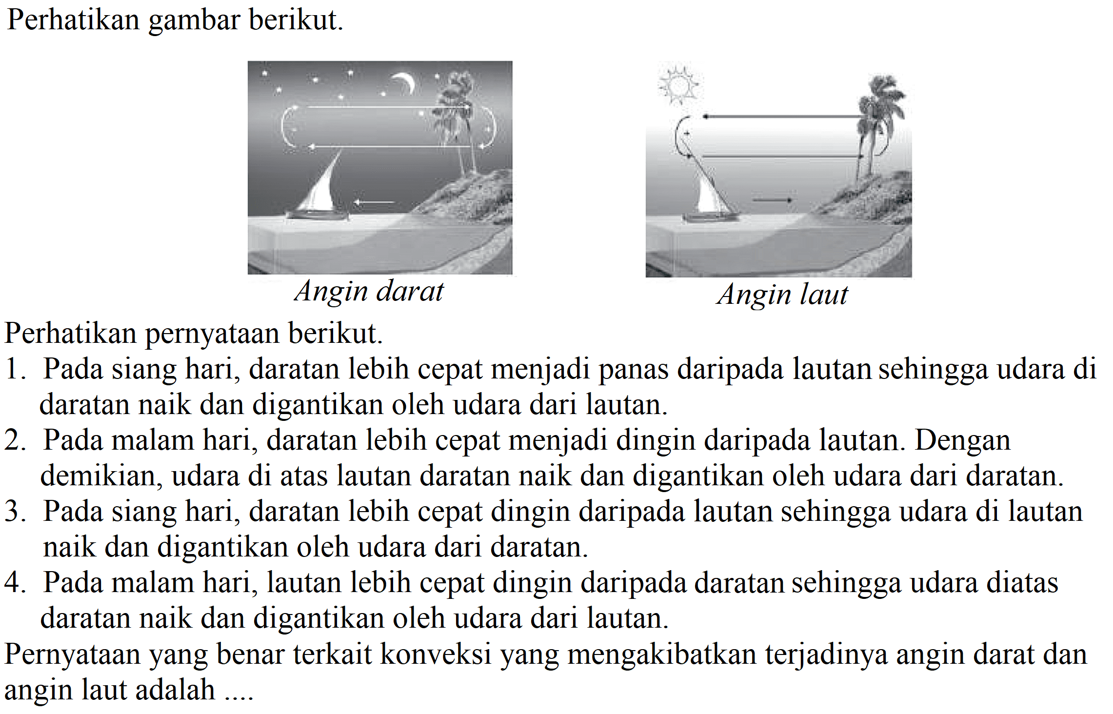 Perhatikan gambar berikut.
Perhatikan pernyataan berikut.
1. Pada siang hari, daratan lebih cepat menjadi panas daripada lautan sehingga udara di daratan naik dan digantikan oleh udara dari lautan.
2. Pada malam hari, daratan lebih cepat menjadi dingin daripada lautan. Dengan
demikian, udara di atas lautan daratan naik dan digantikan oleh udara dari daratan.
3. Pada siang hari, daratan lebih cepat dingin daripada lautan sehingga udara di lautan naik dan digantikan oleh udara dari daratan.
4. Pada malam hari, lautan lebih cepat dingin daripada daratan sehingga udara diatas daratan naik dan digantikan oleh udara dari lautan.
Pernyataan yang benar terkait konveksi yang mengakibatkan terjadinya angin darat dan angin laut adalah ....