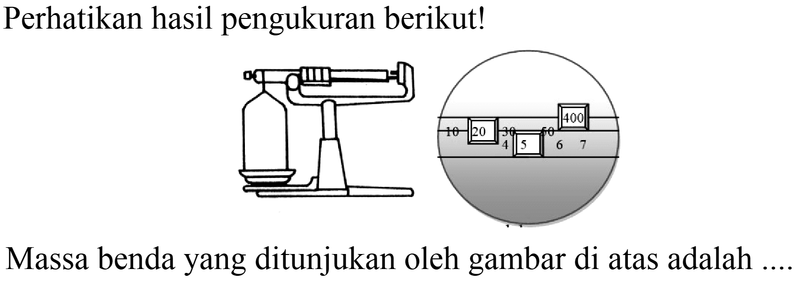 Perhatikan hasil pengukuran berikut!
Massa benda yang ditunjukan oleh gambar di atas adalah