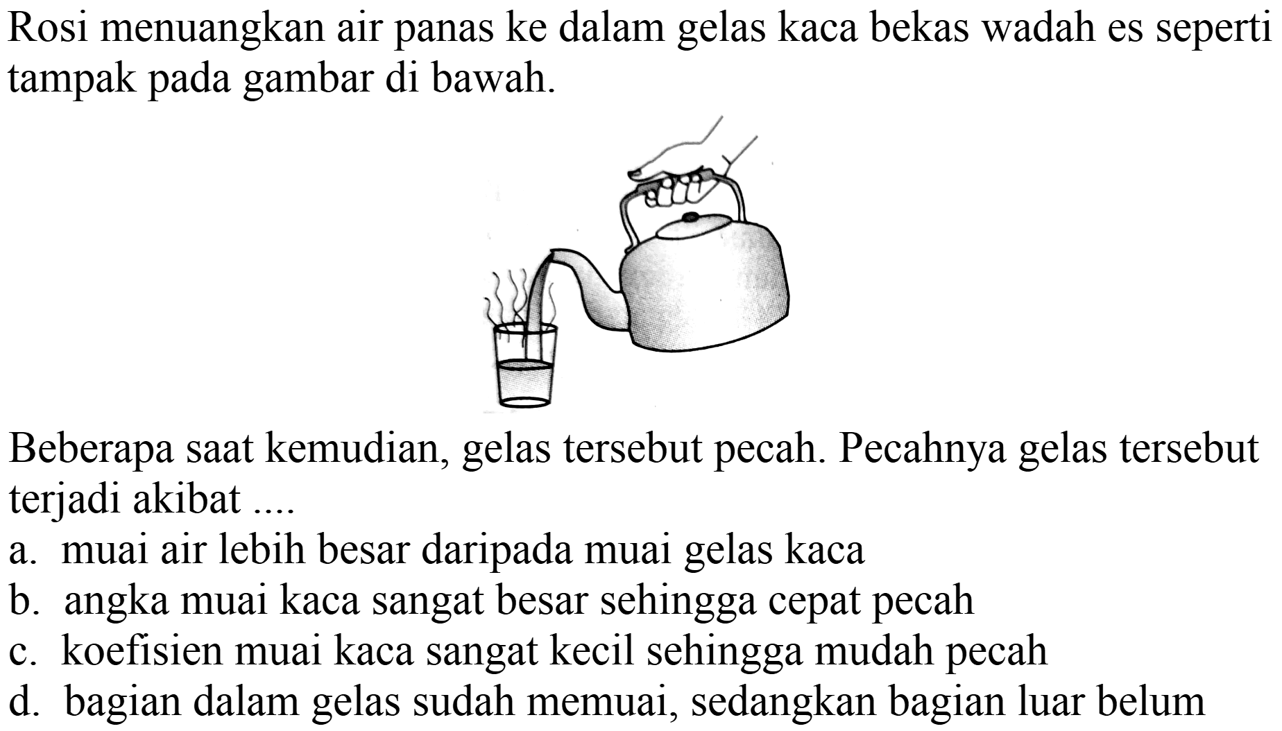 Rosi menuangkan air panas ke dalam gelas kaca bekas wadah es seperti tampak pada gambar di bawah.

Beberapa saat kemudian, gelas tersebut pecah. Pecahnya gelas tersebut terjadi akibat ....
a. muai air lebih besar daripada muai gelas kaca
b. angka muai kaca sangat besar sehingga cepat pecah
c. koefisien muai kaca sangat kecil sehingga mudah pecah
d. bagian dalam gelas sudah memuai, sedangkan bagian luar belum