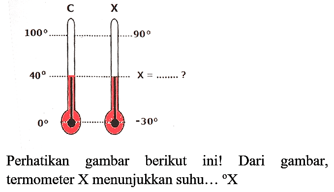 C X 
100 90 
40 X = ......... ? 
0 -30 
Perhatikan gambar berikut ini! Dari gambar, termometer X menunjukkan suhu...  { ) X 