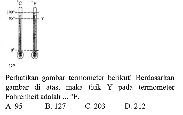 C F 
100 
95 Y 
0 
32 
Perhatikan gambar termometer berikut! Berdasarkan gambar di atas, maka titik  Y  pada termometer Fahrenheit adalah ...  { ) F .