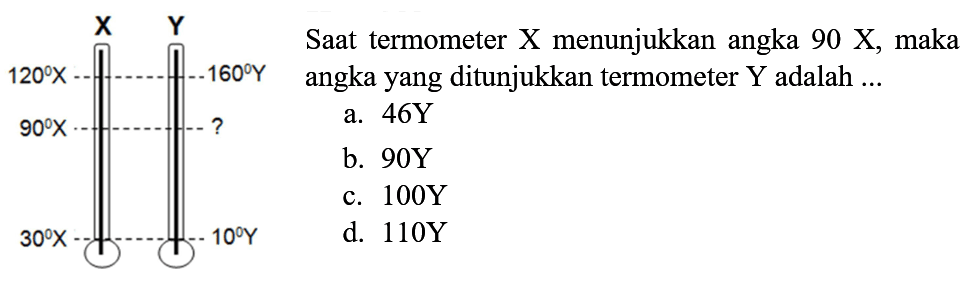 begin{aligned) 120 X   { Saat termometer X menunjukkan angka ) 90 X,  { maka )  90 X   { angka yang ditunjukkan termometer ) Y  { adalah ... ) -160 Y   { a. ) 46 Y -?   { b. ) 90 Y    { c. ) 100 Y    { d. ) 110 Y