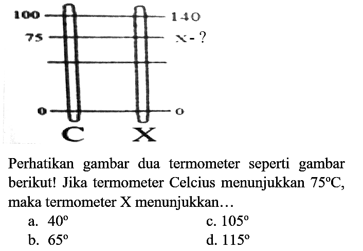 Perhatikan gambar dua termometer seperti gambar berikut! Jika termometer Celcius menunjukkan  75 C , maka termometer X menunjukkan...
a.  40 
c.  105 
b.  65 
d.  115 