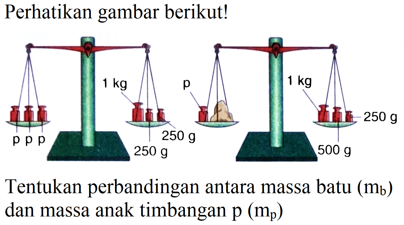 Perhatikan gambar berikut! p p p 1 kg 250 g 250 g p 1 kg 500 g 250 g
Tentukan perbandingan antara massa batu (mb) dan massa anak timbangan p (mp) 