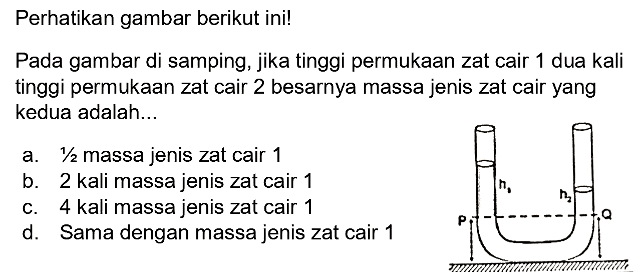 Perhatikan gambar berikut ini!
Pada gambar di samping, jika tinggi permukaan zat cair 1 dua kali tinggi permukaan zat cair 2 besarnya massa jenis zat cair yang kedua adalah...
a.  1 / 2  massa jenis zat cair 1
b. 2 kali massa jenis zat cair 1
c. 4 kali massa jenis zat cair 1
d. Sama dengan massa jenis zat cair 1