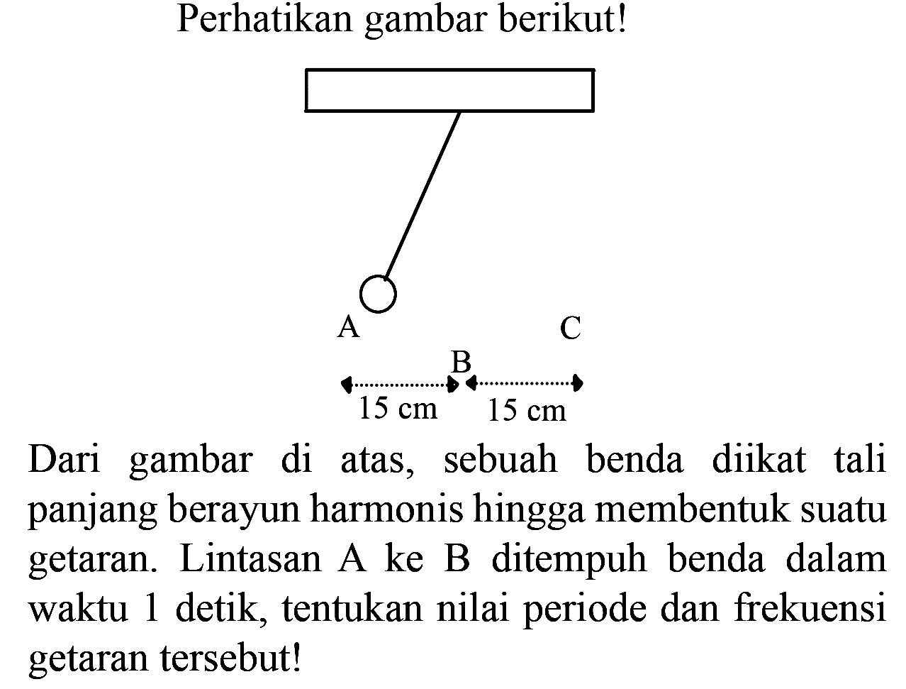 Perhatikan gambar berikut!
A B C 15 cm 15 cm 
Dari gambar di atas, sebuah benda diikat tali panjang berayun harmonis hingga membentuk suatu getaran. Lintasan A ke B ditempuh benda dalam waktu 1 detik, tentukan nilai periode dan frekuensi getaran tersebut!