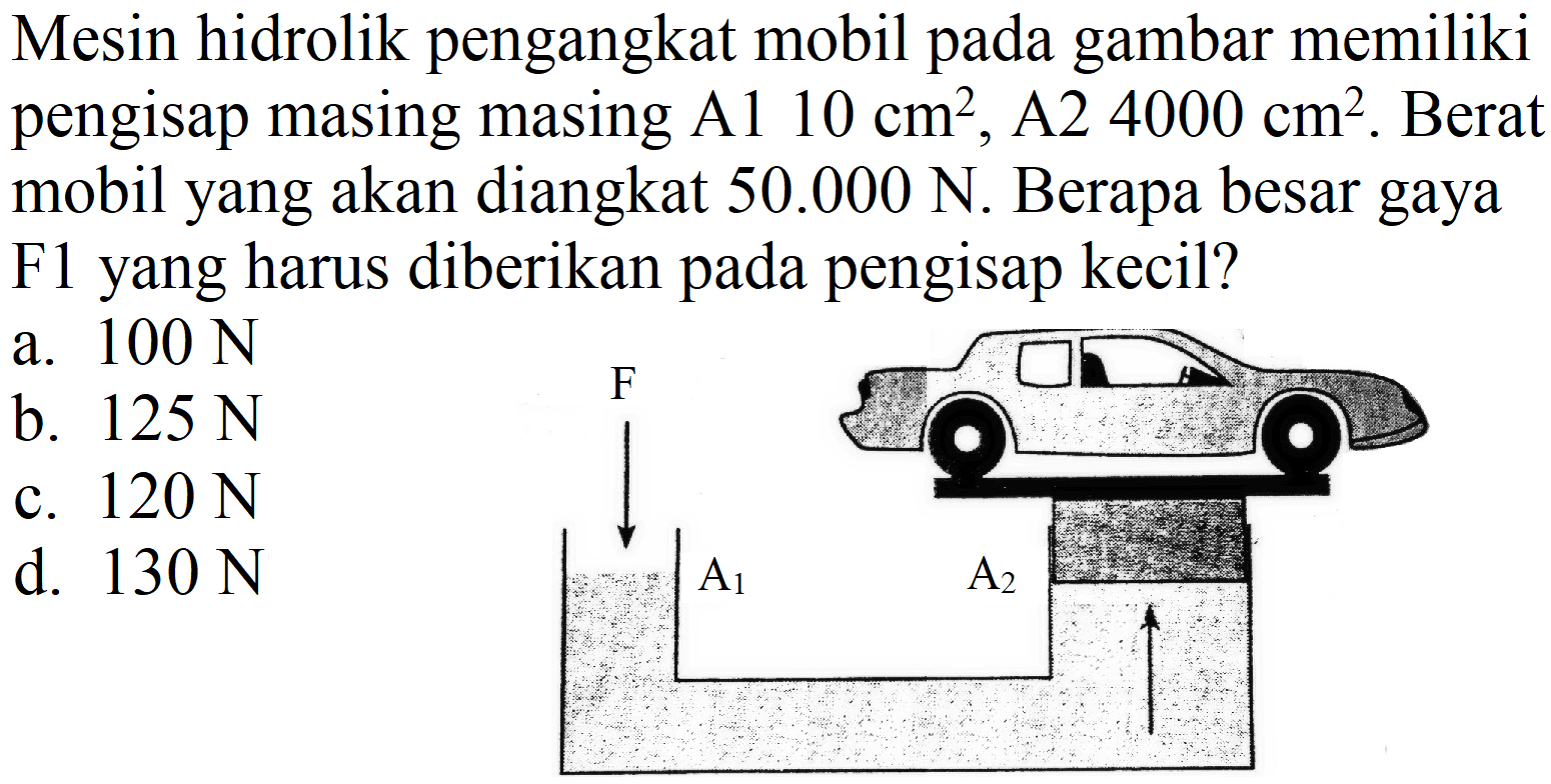 Mesin hidrolik pengangkat mobil pada gambar memiliki pengisap masing masing A1  10 cm^(2) , A2  4000 cm^(2) . Berat mobil yang akan diangkat  50.000 ~N . Berapa besar gaya F1 yang harus diberikan pada pengisap kecil?
a.  100 ~N 
c.  120 ~N 
b.  125 ~N 
d.  130 ~N 