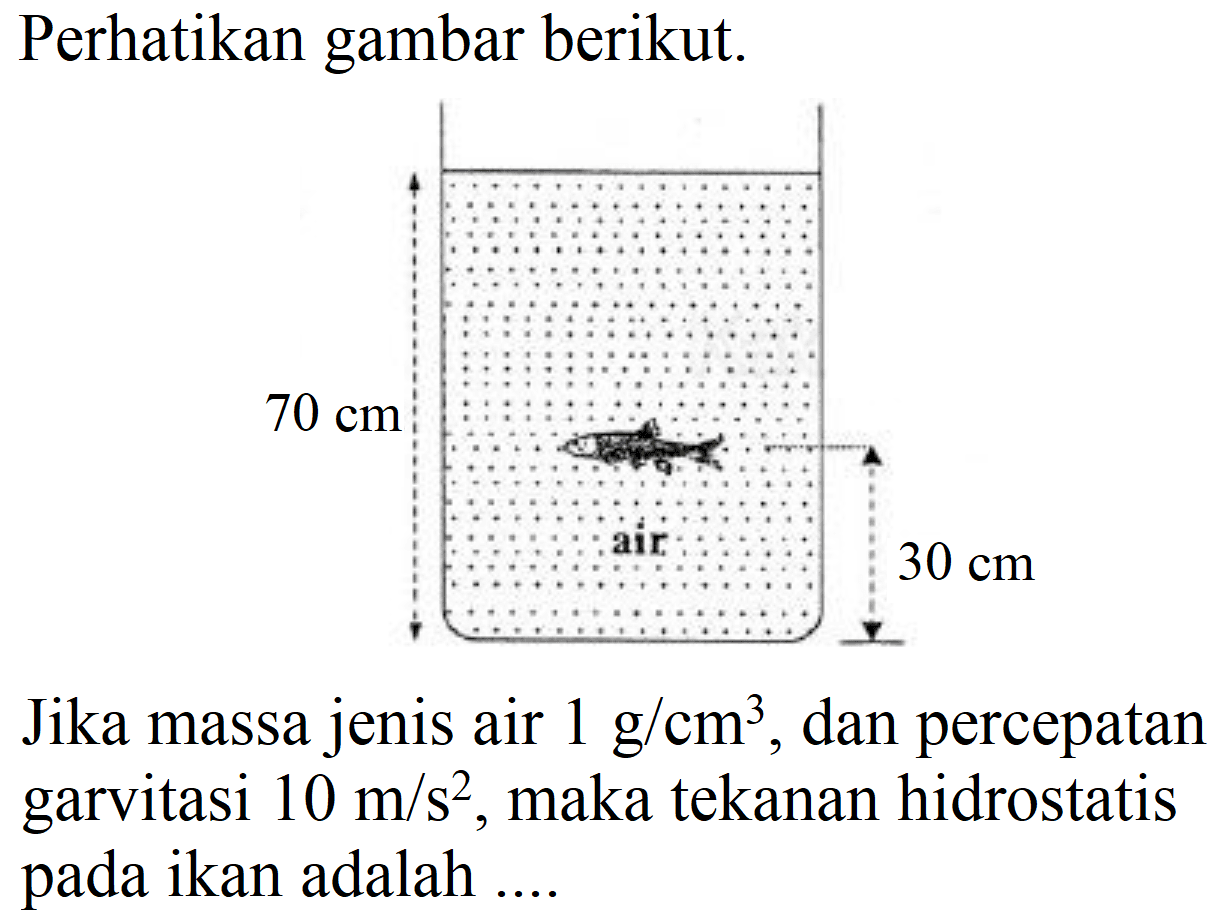 Perhatikan gambar berikut.
Jika massa jenis air  1 ~g / cm^(3) , dan percepatan garvitasi  10 m / s^(2) , maka tekanan hidrostatis pada ikan adalah ....