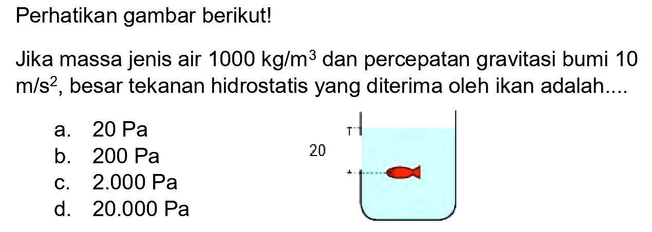 Perhatikan gambar berikut!
Jika massa jenis air  1000 kg / m^(3)  dan percepatan gravitasi bumi 10  m / s^(2) , besar tekanan hidrostatis yang diterima oleh ikan adalah....
a.  20 ~Pa 
b.  200 ~Pa 
c.  2.000 ~Pa 
d.  20.000 ~Pa 