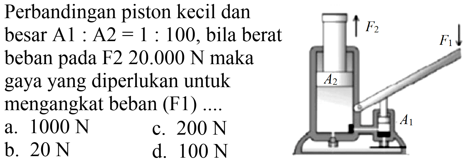 Perbandingan piston kecil dan besar A1: A2  =1: 100 , bila berat beban pada F2 20.000 N maka gaya yang diperlukan untuk mengangkat beban (F1) ....
a.  1000 N 
c.  200 N 
b.  20 N 
d.  100 N 