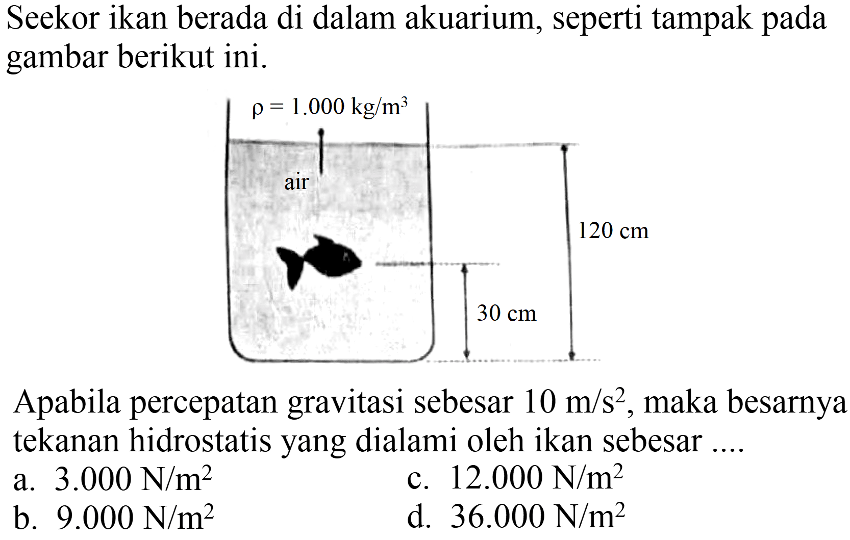 Seekor ikan berada di dalam akuarium, seperti tampak pada gambar berikut ini.

Apabila percepatan gravitasi sebesar  10 m / s^(2) , maka besarnya tekanan hidrostatis yang dialami oleh ikan sebesar ....
a.  3.000 N / m^(2) 
c.  12.000 N / m^(2) 
b.  9.000 N / m^(2) 
d.  36.000 N / m^(2) 