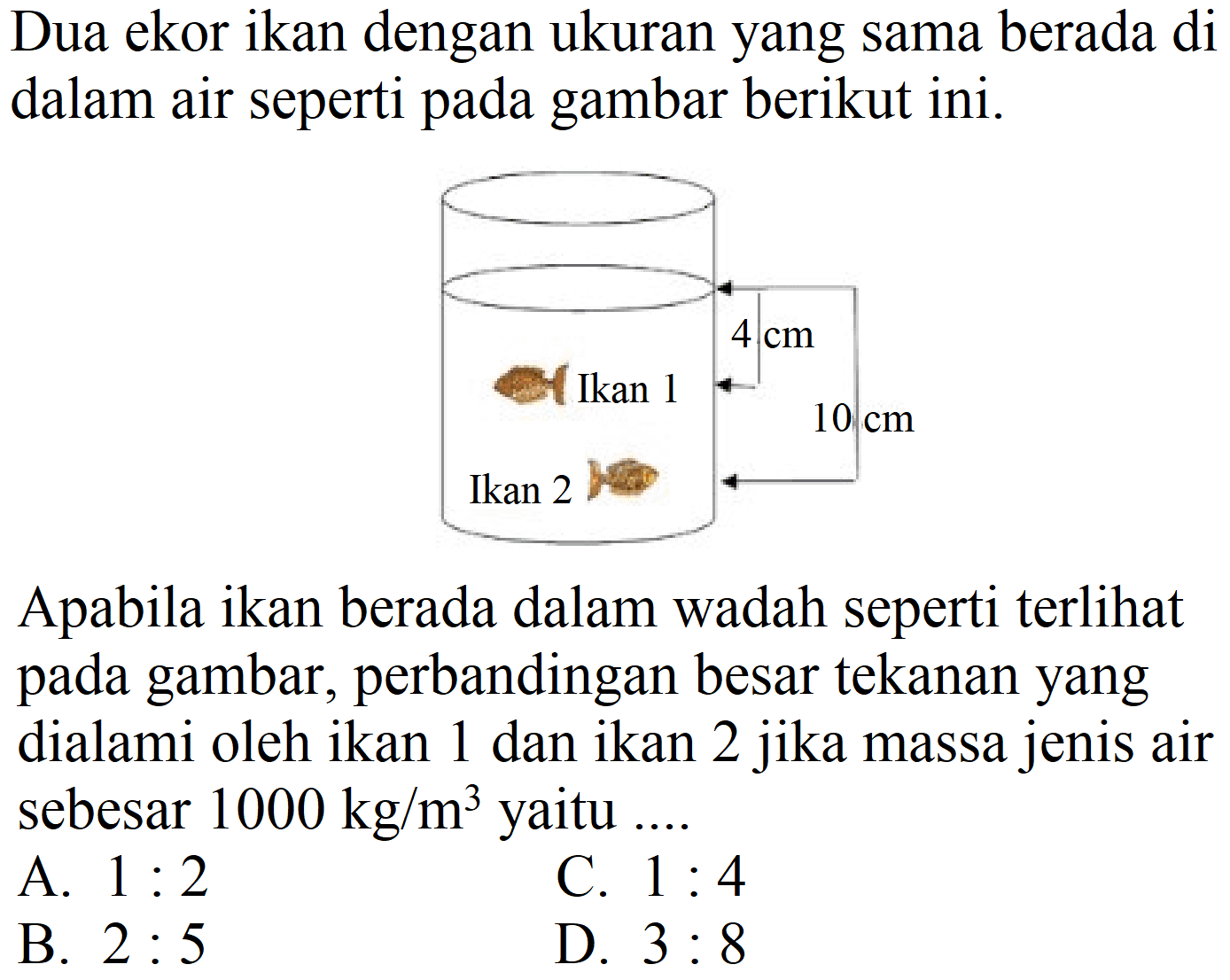 Dua ekor ikan dengan ukuran yang sama berada di dalam air seperti pada gambar berikut ini.

Apabila ikan berada dalam wadah seperti terlihat pada gambar, perbandingan besar tekanan yang dialami oleh ikan 1 dan ikan 2 jika massa jenis air sebesar  1000 kg / m^(3)  yaitu ....
A.  1: 2 
C.  1: 4 
B.  2: 5 
D.  3: 8 