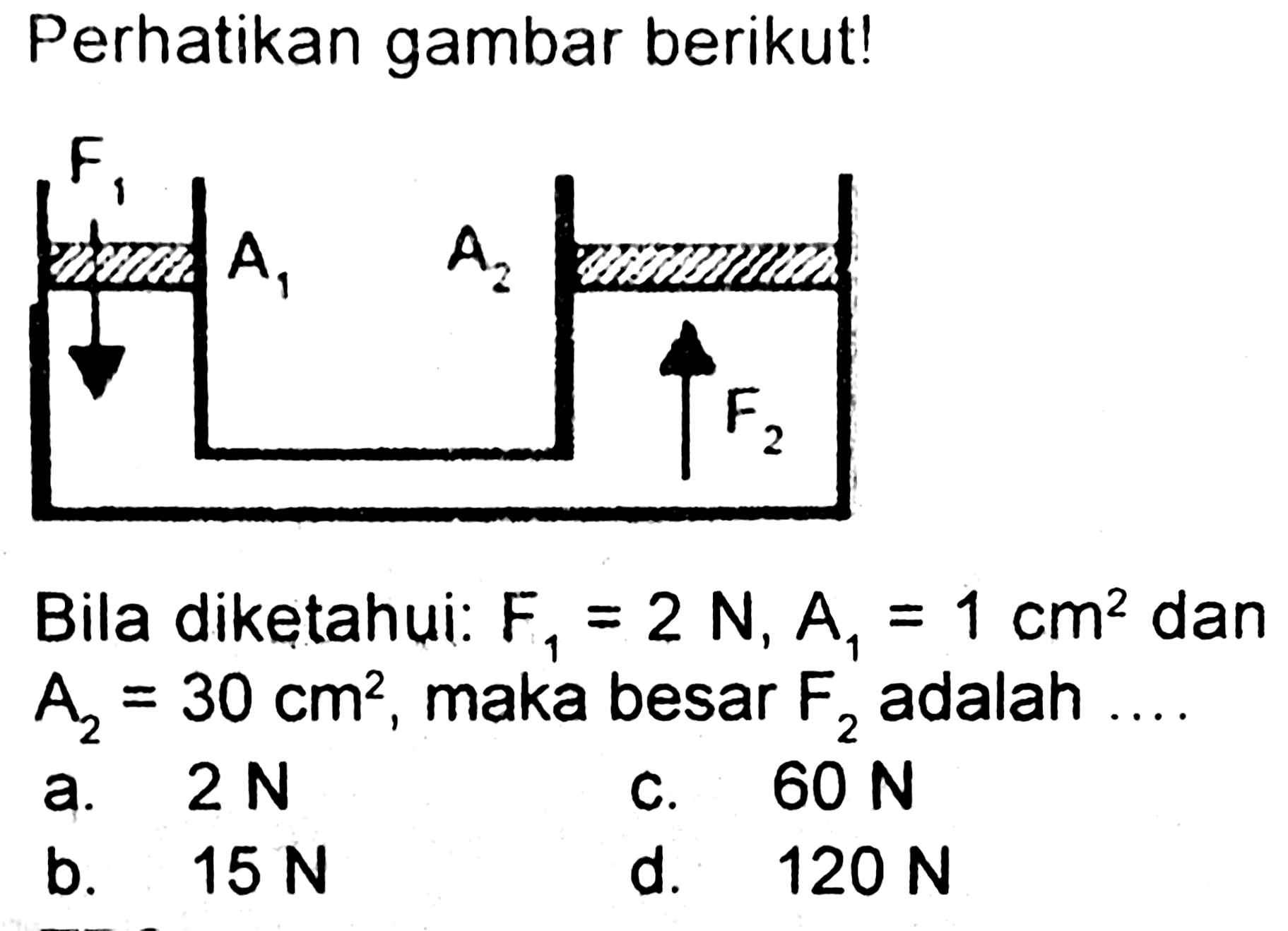 Perhatikan gambar berikut!
Bila diketahui:  F_(1)=2 ~N, A_(1)=1 cm^(2)  dan  A_(2)=30 cm^(2) , maka besar  F_(2)  adalah
a.  2 ~N 
c.  60 ~N 
b.  15 ~N 
d.   120 ~N 