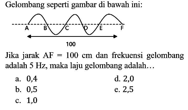 Gelombang seperti gambar di bawah ini : A B C D E F 100
Jika jarak AF=100 cm dan frekuensi gelombang adalah 5 Hz, maka laju gelombang adalah...
a. 0,4
d. 2,0
b. 0,5
e. 2,5
c. 1,0