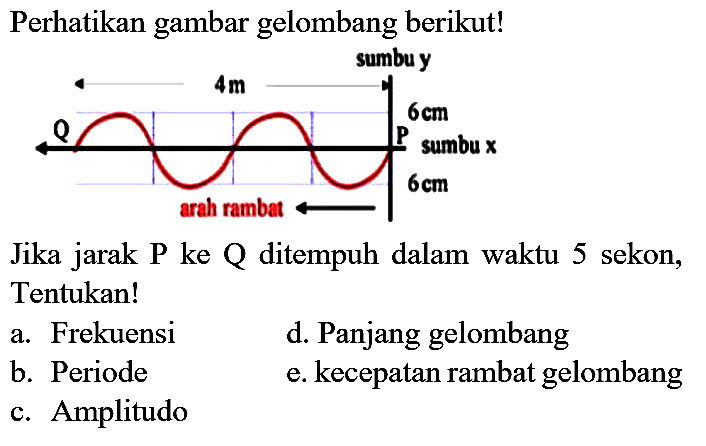 Perhatikan gambar gelombang berikut! sumbu y 4 m 6 cm Q P sumbu x 6 cm arah rambat Jika jarak P ke Q ditempuh dalam waktu 5 sekon, Tentukan!
a. Frekuensi
d. Panjang gelombang
b. Periode
e. kecepatan rambat gelombang
c. Amplitudo