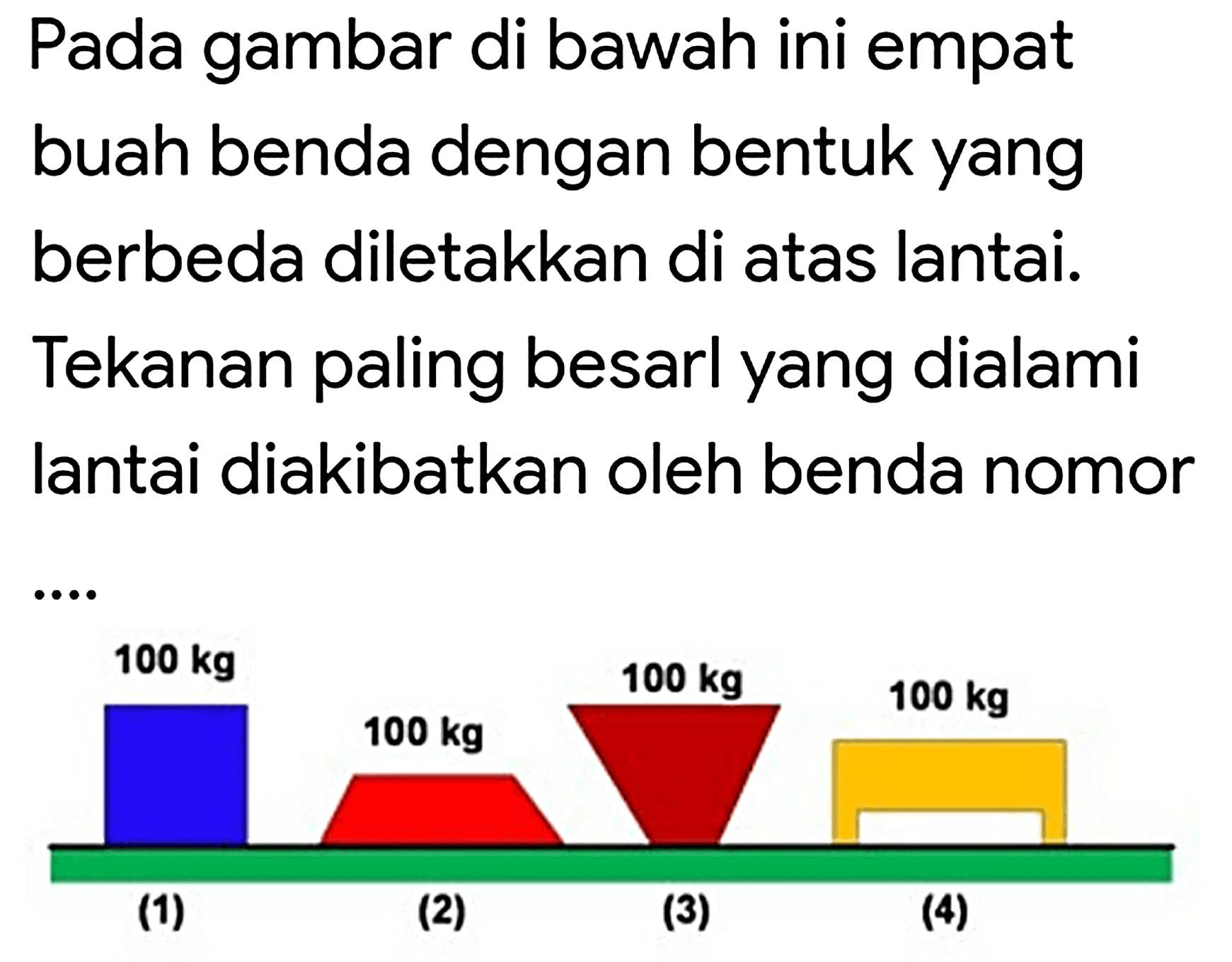 Pada gambar di bawah ini empat buah benda dengan bentuk yang berbeda diletakkan di atas lantai. Tekanan paling besarl yang dialami lantai diakibatkan oleh benda nomor
(1)
(2)
(3)
(4)