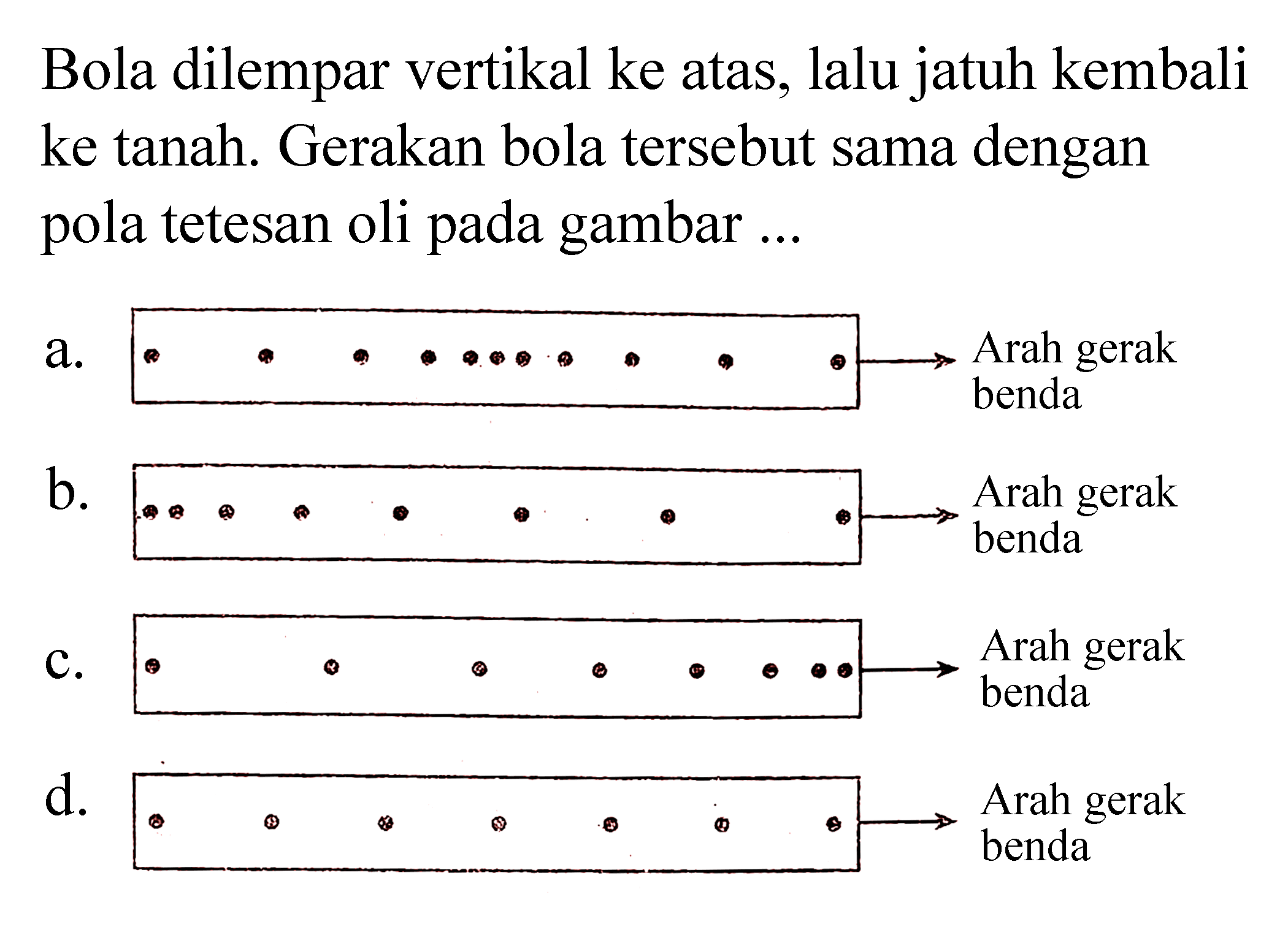 Bola dilempar vertikal ke atas, lalu jatuh kembali ke tanah. Gerakan bola tersebut sama dengan pola tetesan oli pada gambar ...
a. arah gerak benda 
b. arah gerak benda 
c. arah gerak benda 
d. arah gerak benda 