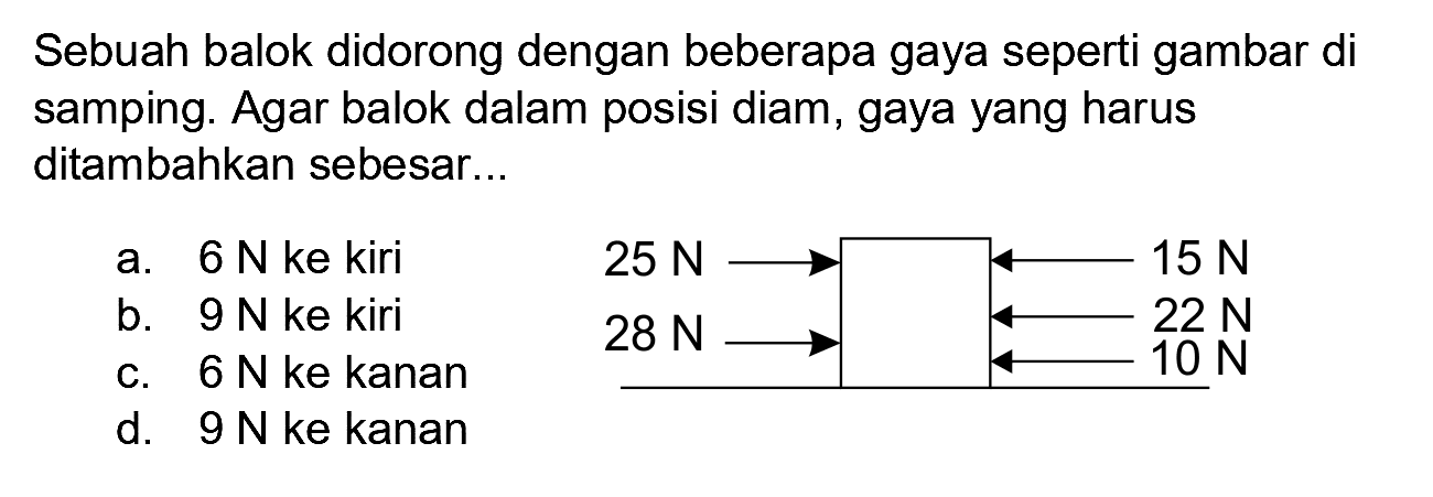 Sebuah balok didorong dengan beberapa gaya seperti gambar di samping. Agar balok dalam posisi diam, gaya yang harus ditambahkan sebesar...
a.  6 {N)  ke kiri
b.  9 N  ke kiri
c.  6 N  ke kanan
d.  9 N  ke kanan
25 N 15 N 28 N 22 N 10 N