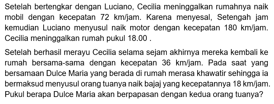 Setelah berhasil merayu Cecilia selama sejam akhirnya mereka kembali ke rumah bersama-sama dengan kecepatan  36 ~km / jam . Pada saat yang bersamaan Dulce Maria yang berada di rumah merasa khawatir sehingga ia bermaksud menyusul orangtuanya naik bajaj yang kecepatannya  18 ~km / jam . Pkl berapa Dulce Maria akan berpapasan dengan kedua orangtuanya?