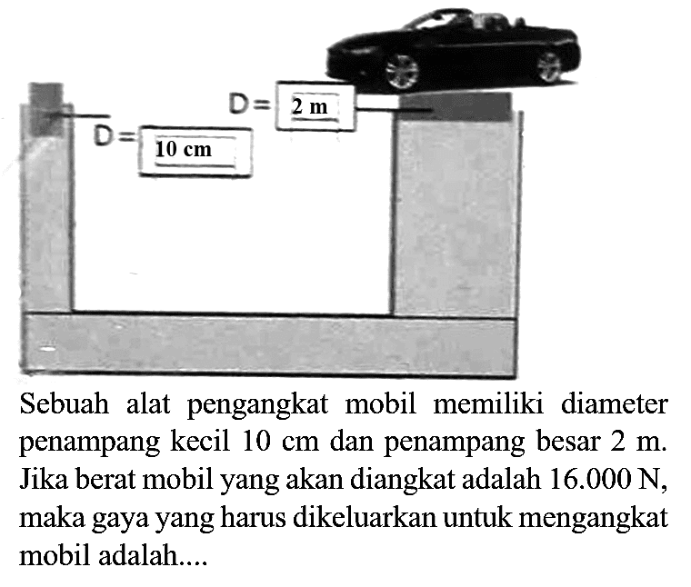 Sebuah alat pengangkat mobil memiliki diameter penampang kecil  10 cm  dan penampang besar  2 m . Jika berat mobil yang akan diangkat adalah  16.000 N , maka gaya yang harus dikeluarkan untuk mengangkat mobil adalah....