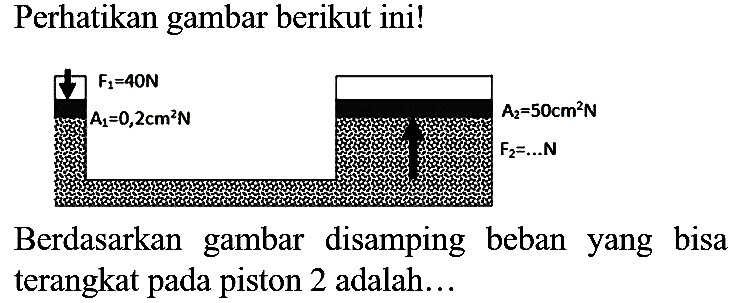 Perhatikan gambar berikut ini!
Berdasarkan gambar disamping beban yang bisa terangkat pada piston 2 adalah...