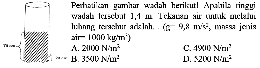  ~eq  Perhatikan gambar wadah berikut! Apabila tinggi wadah tersebut  1,4 m . Tekanan air untuk melalui lubang tersebut adalah...  (g=9,8 m / s^(2). , massa jenis air  =1000 kg / m^(3)  )
A.  2000 N / m^(2)  B.  3500 N / m^(2) 
C.  4900 N / m^(2) 
D.  5200 N / m^(2) 