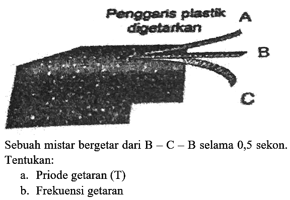 Sebuah mistar bergetar dari  {B)-{C)-{B)  selama 0,5 sekon. Tentukan:
a. Priode getaran (T)
b. Frekuensi getaran