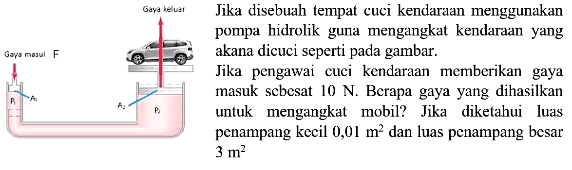 Jika disebuah tempat cuci kendaraan menggunakan
pompa hidrolik guna mengangkat kendaraan yang