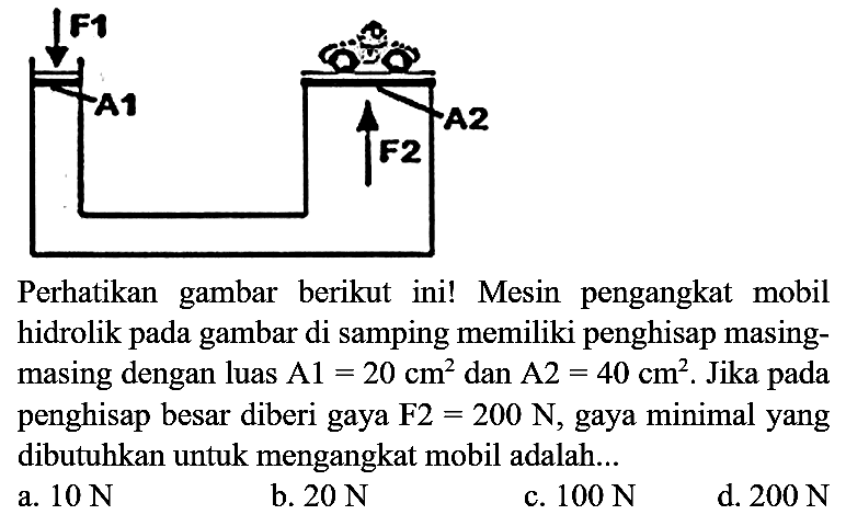 Perhatikan gambar berikut ini! Mesin pengangkat mobil hidrolik pada gambar di samping memiliki penghisap masingmasing dengan luas  A 1=20 cm^(2)  dan  A 2=40 cm^(2) . Jika pada penghisap besar diberi gaya  F 2=200 ~N , gaya minimal yang dibutuhkan untuk mengangkat mobil adalah...
a.  10 ~N 
b.  20 ~N 
c.  100 ~N 
d.  200 ~N 