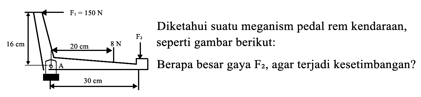 F1 = 150 N F2 16 cm 30 cm 20 cm A 8 N 
 Diketahui suatu meganism pedal kendaraan, seperti gambar berikut: Berapa besar gaya F2, agar terjadi kesetimbangan?