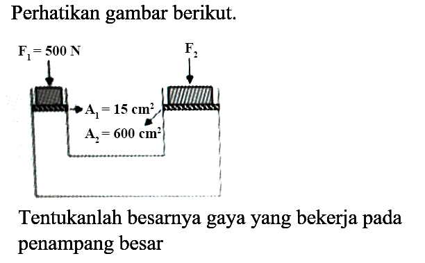 Perhatikan gambar berikut.
Tentukanlah besarnya gaya yang bekerja pada penampang besar