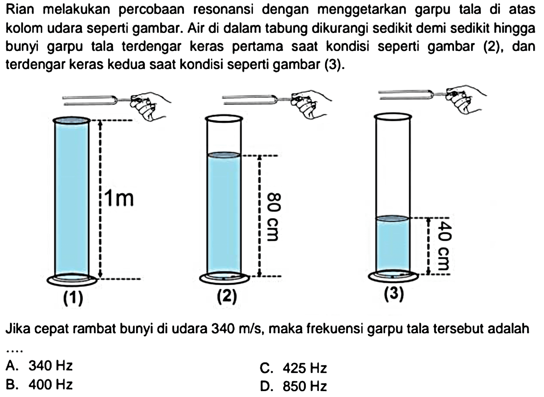 Rian melakukan percobaan resonansi dengan menggetarkan garpu tala di atas kolom udara seperti gambar. Air di dalam tabung dikurangi sedikit demi sedikit hingga bunyi garpu tala terdengar keras pertama saat kondisi seperti gambar (2), dan terdengar keras kedua saat kondisi seperti gambar (3).

Jika cepat rambat bunyi di udara  340 m / s , maka frekuensi garpu tala tersebut adalah
a..
(r)
C.  425 Hz 
B.  400 Hz 
D.  850 Hz 