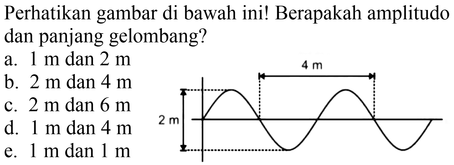 Perhatikan gambar di bawah ini! Berapakah amplitudo dan panjang gelombang? 4 m 2 m 
a. 1 m dan 2 m b. 2 m dan 4 m c. 2 m dan 6 m d. 1 m dan 4 m e. 1 m dan 1 m 