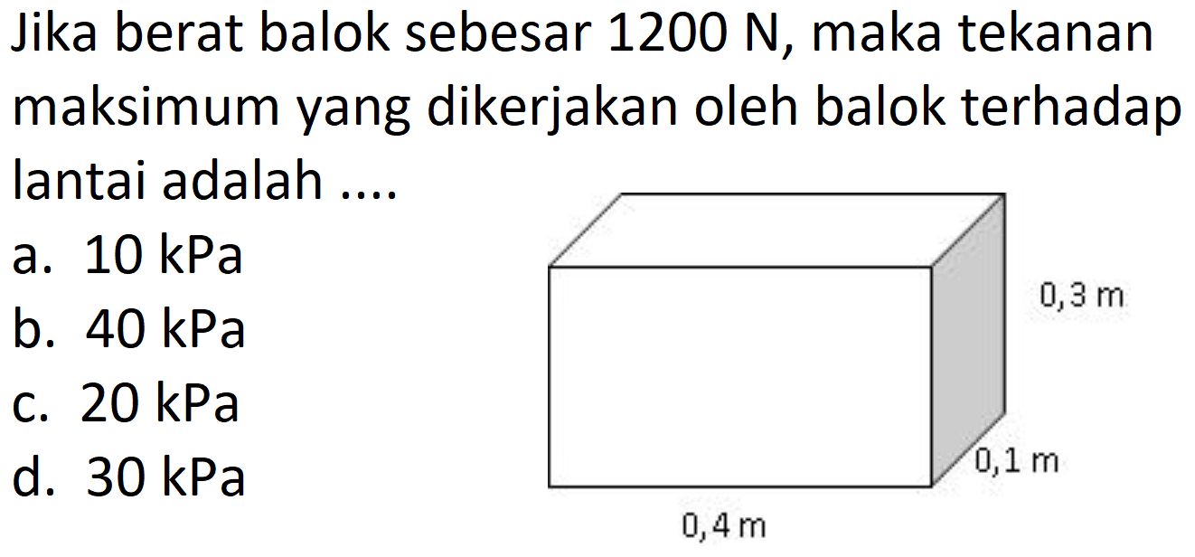 Jika berat balok sebesar  1200 ~N , maka tekanan maksimum yang dikerjakan oleh balok terhadap lantai adalah ....
0,3 m 0,1 m 0,4 m
a.  10 kPa 
b.  40 kPa 
c.  20 kPa 
d.  30 kPa 