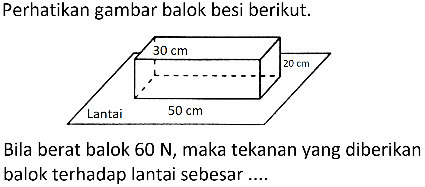 Perhatikan gambar balok besi berikut.
30 cm 20 cm Lantai 50 cm
Bila berat balok  60 ~N , maka tekanan yang diberikan balok terhadap lantai sebesar ....