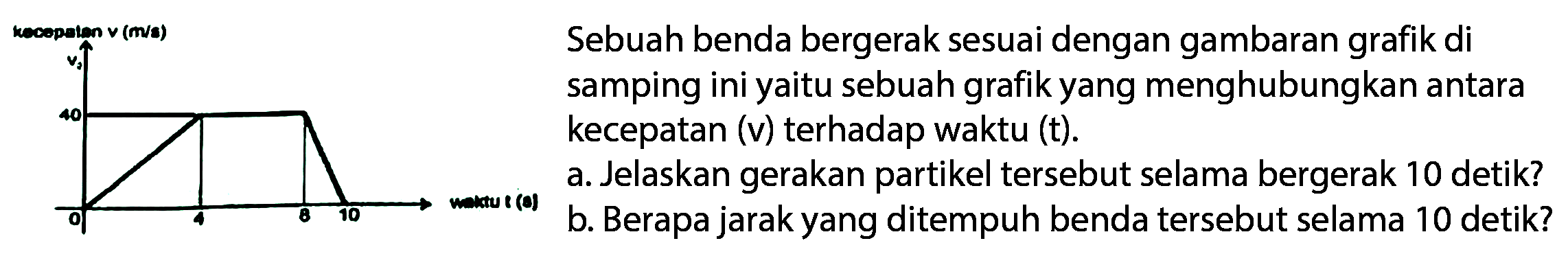 Sebuah benda bergerak sesuai dengan gambaran grafik di samping ini yaitu sebuah grafik yang menghubungkan antara kecepatan (v) terhadap waktu (t).a. Jelaskan gerakan partikel tersebut selama bergerak 10 detik?b. Berapa jarak yang ditempuh benda tersebut selama 10 detik?