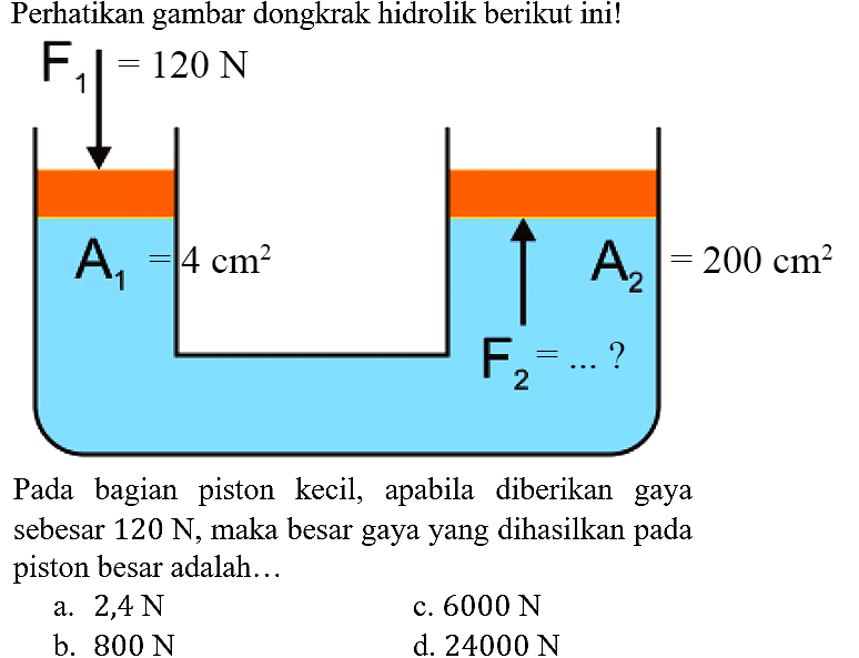 Perhatikan gambar dongkrak hidrolik berikut ini! F1 = 120 N A1 = 4 cm^2 A2 = 200 cm^2 F2 = ....? Pada bagian piston kecil, apabila diberikan gaya sebesar 120 N, maka besar gaya yang dihasilkan pada piston besar adalah...
a. 2,4 N c. 6000 N b. 800 N d. 24000 N 